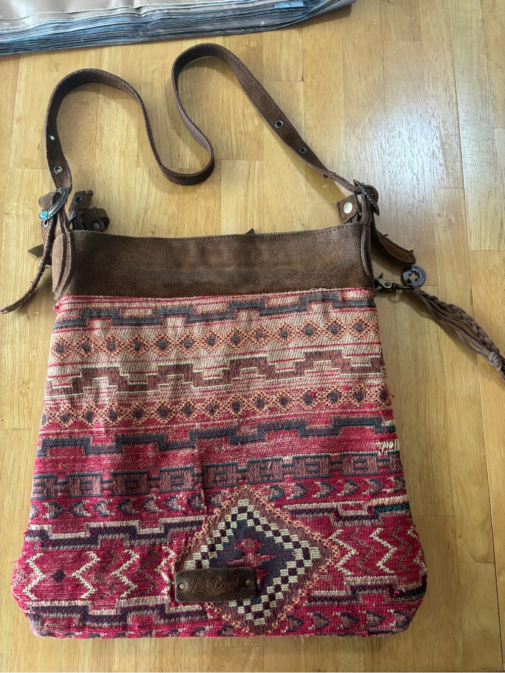 Lucky Brand Red and Brown Aztec Woven Crossbody Bag